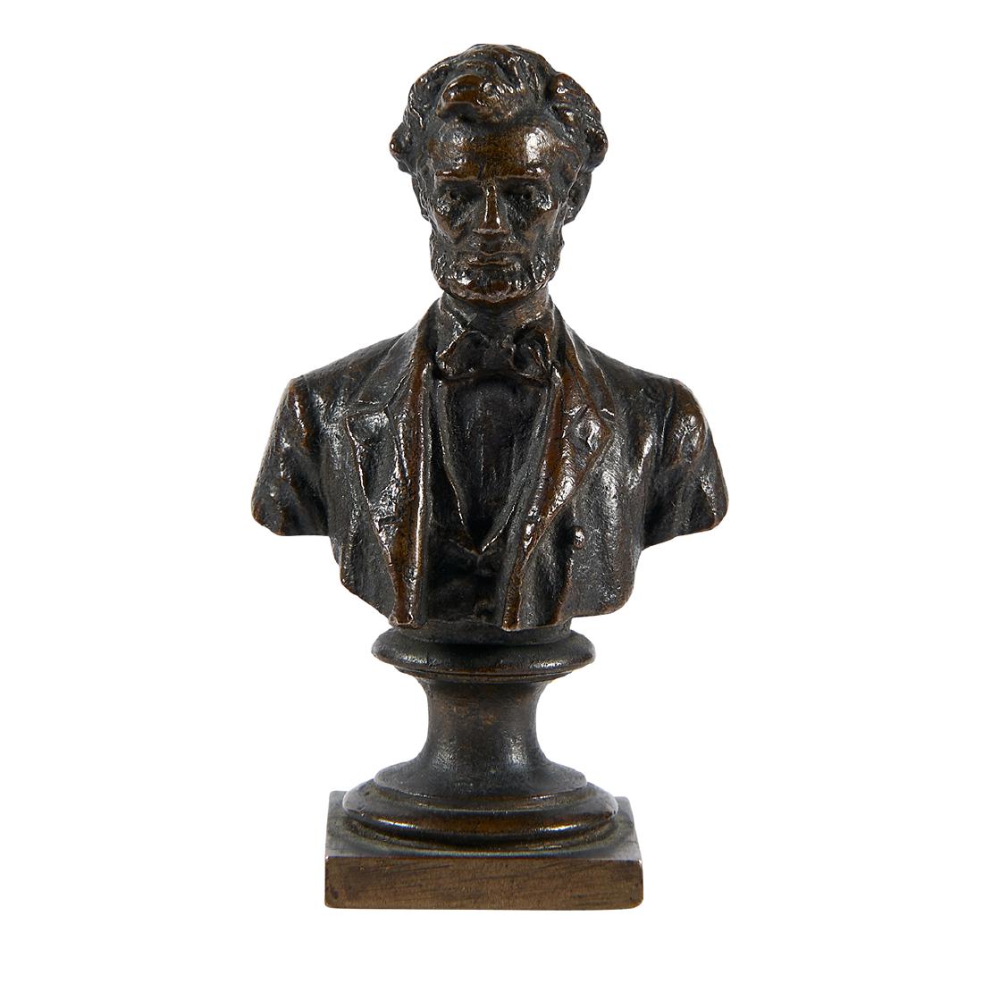 George Edwin Bissell/Gorham, Lincoln Bronze Bust: George Edwin Bissell (1839-1920) / Gorham Mfg. Co. Abraham Lincoln diminutive bust, #Q437 Providence, Rhode Island, circa 1898 bronze signed 1"w x 1"d x 2 1/2"h Provenance: Property from the Collectio