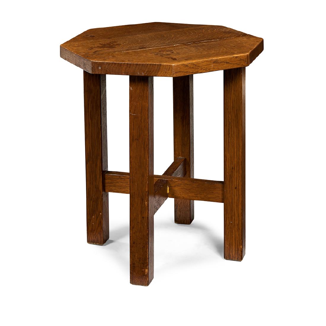 L. & J.G. Stickley octagonal tabouret, #558: L. & J.G. Stickley octagonal tabouret, #558 Fayetteville, New York oak branded signature 16"w x 15"d x 17 1/2"h