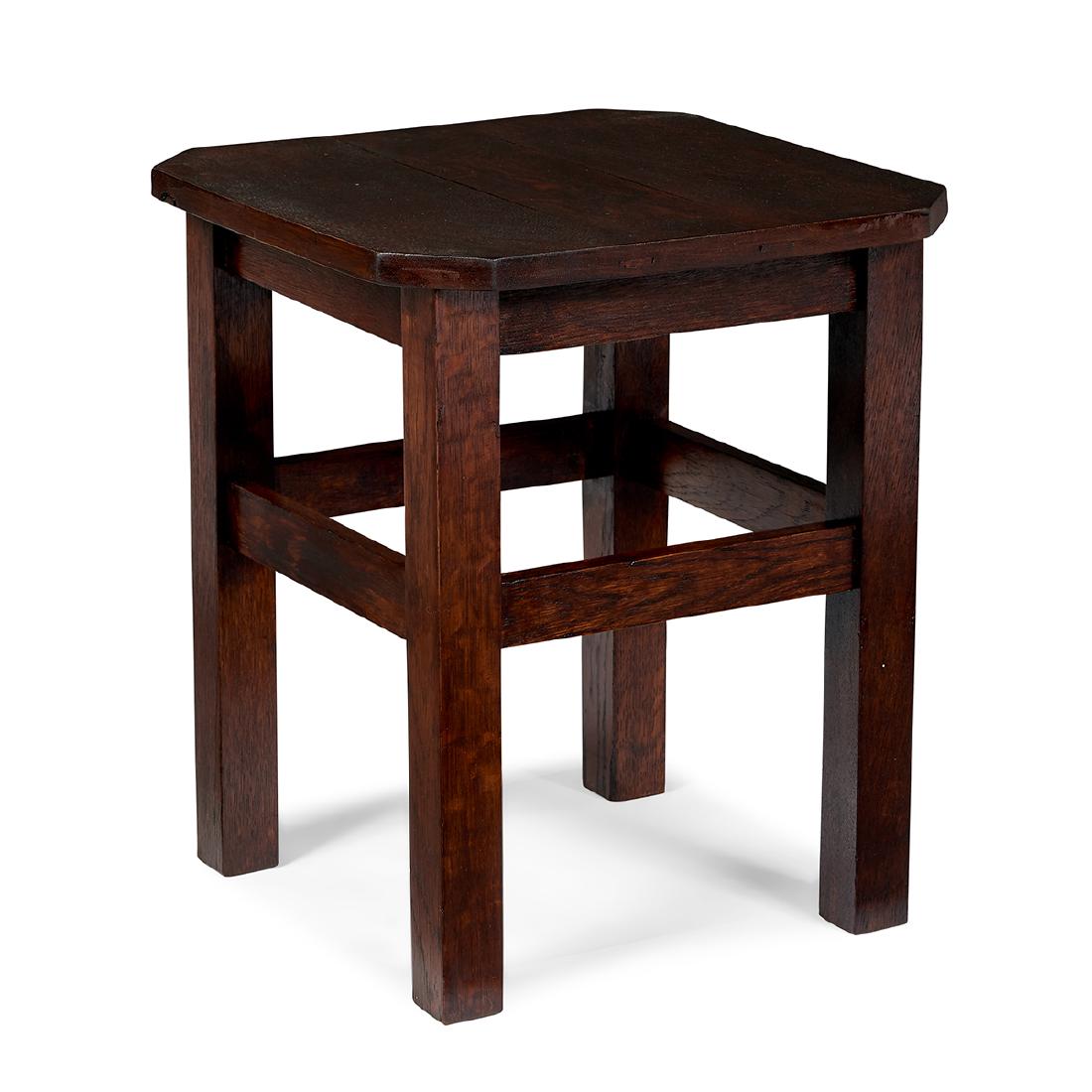 Attributed to L. & J.G. Stickley tabouret: Attributed to L. & J.G. Stickley tabouret, similar to #560 Fayetteville, New York oak signed with metal tag 16"w x 16"d x 19"h