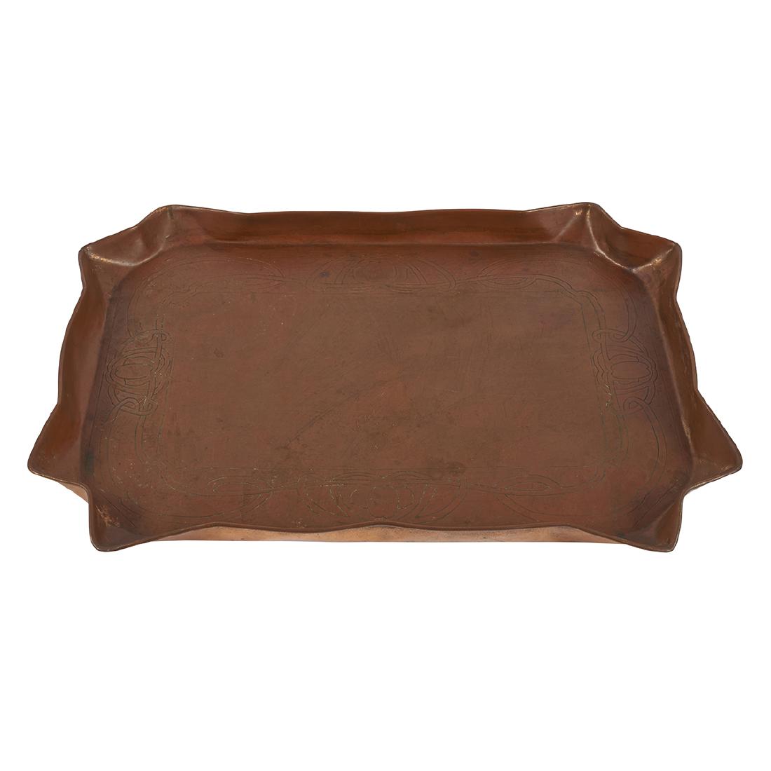 Arts & Crafts tray: Arts & Crafts tray copper engraved Edith and Tave Newling, 17th September 1910 22 1/2"w x 16 1/4"d x 1 3/4"h Provenance: Estate of Constantine (Dean) Ladas, Birmingham, Michigan