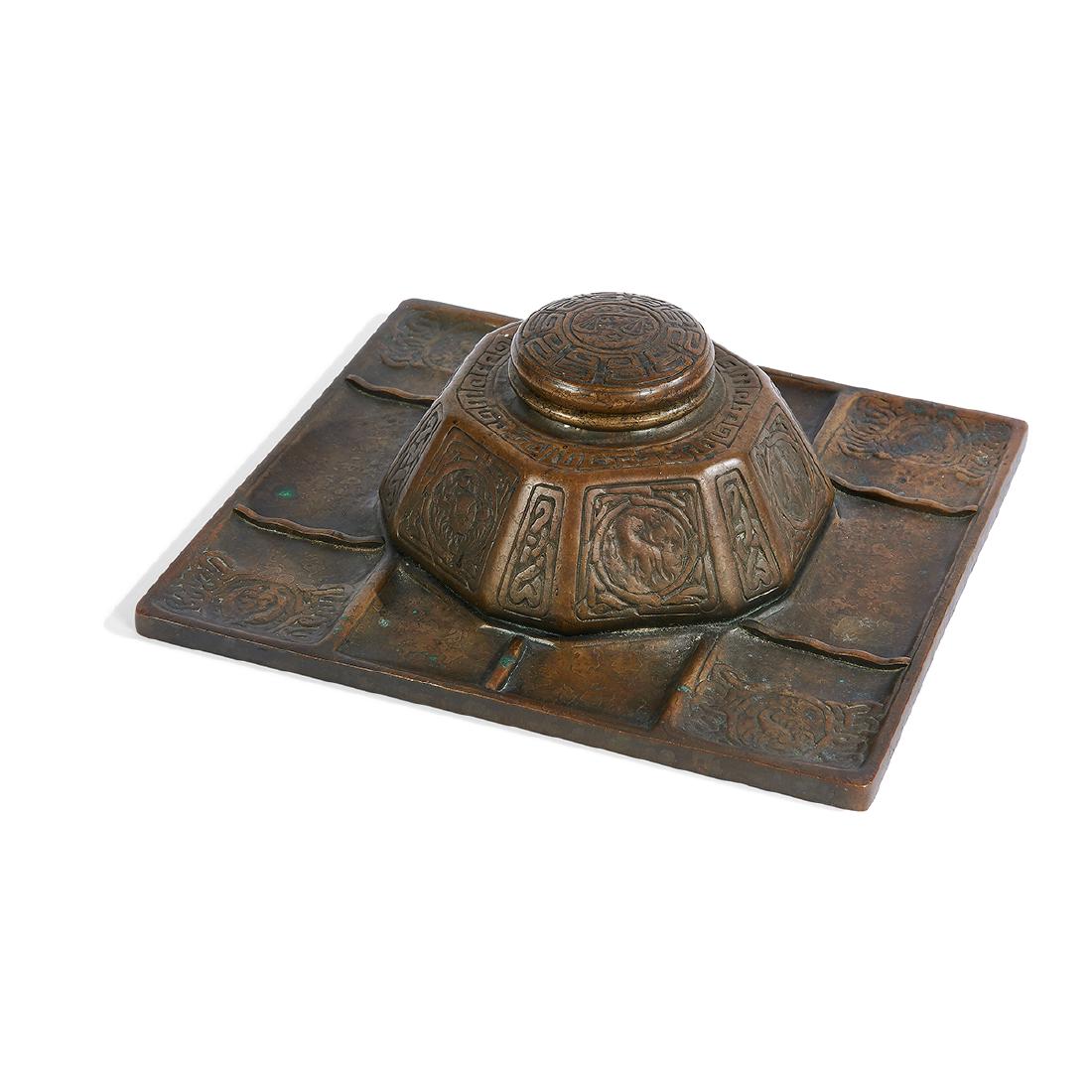 Tiffany Studios Zodiac inkwell, attached pen tray (1 of 2)