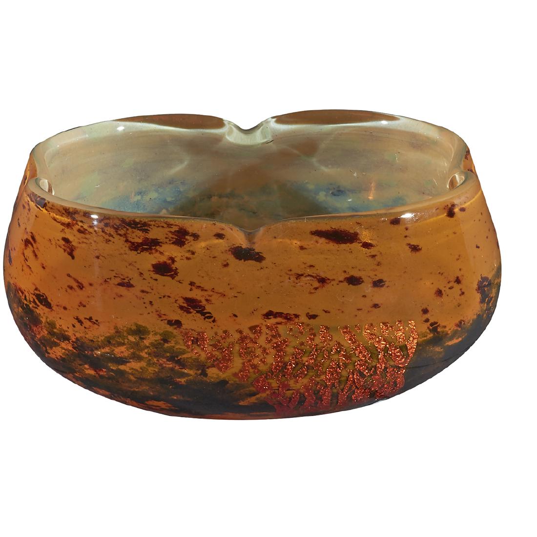 Daum low vase: Daum low vase Nancy, France mottled glass, foil inclusions etched signature with the Cross of Lorraine 7 1/2"w x 8"d x 3 1/2"h