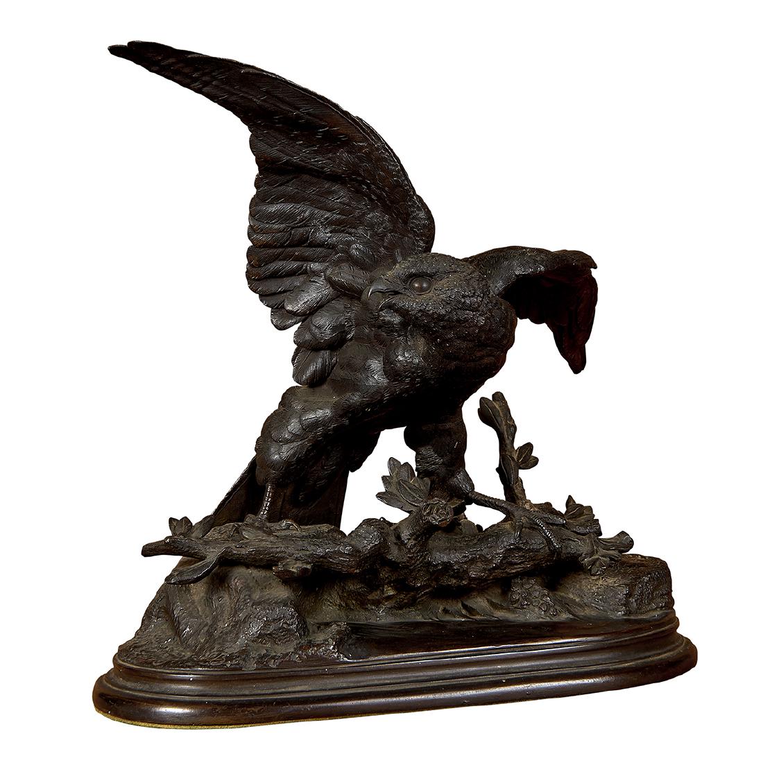 Jules Moigniez, Hawk animalier sculpture: Jules Moigniez (French, 1835-1894) Hawk animalier sculpture bronze signed 9 1/2"w x 7"d x 10"h