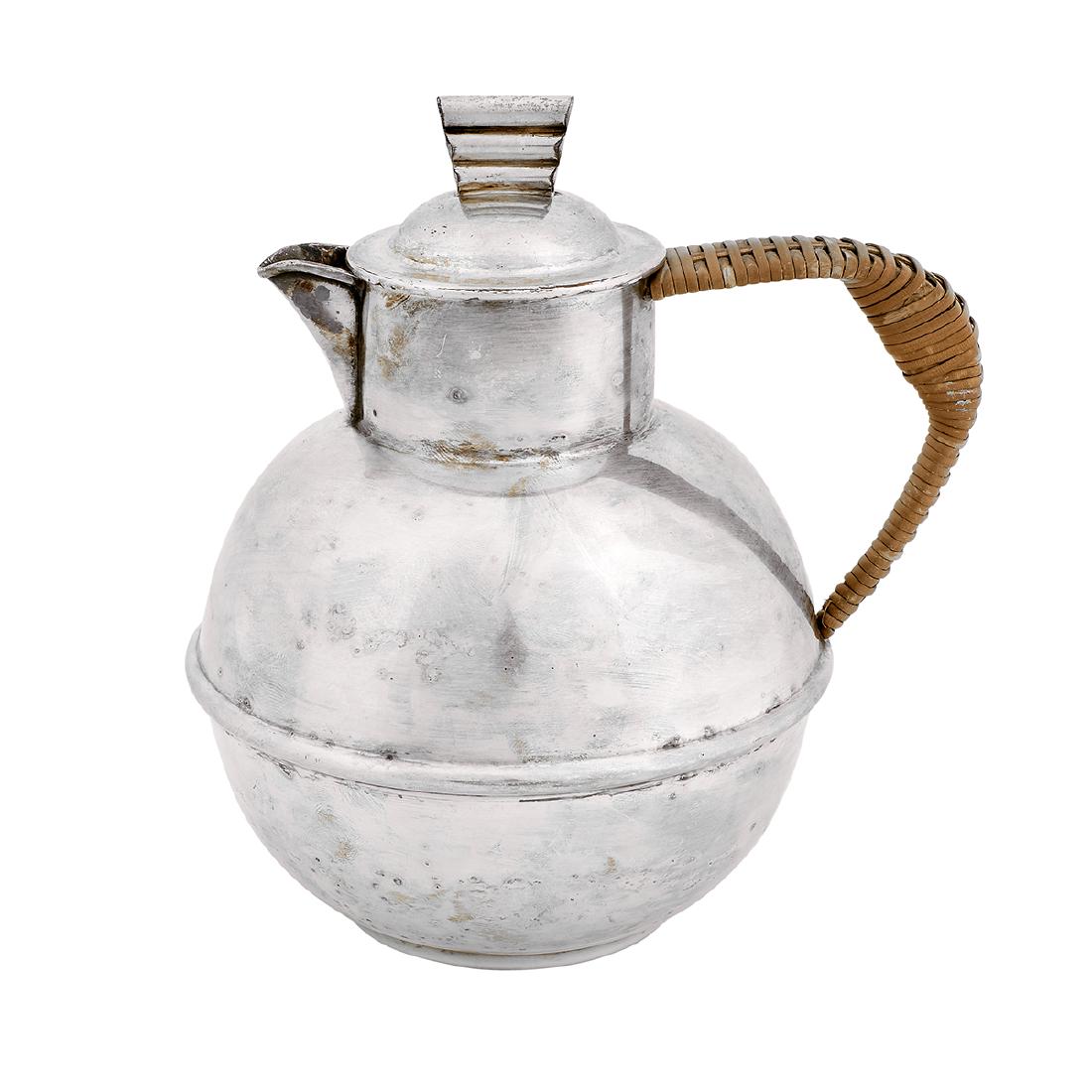 Lurelle Guild for International Silver teapot: Lurelle Guild (1898-1985) for International Silver teapot or cocktail pitcher USA, 1930s silver plate, caning stamped marks 7"w x 5"d x 6 1/4"h