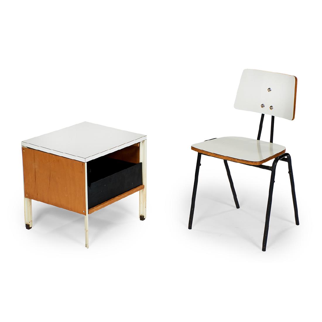 Robin Day cabinet, with a Robin Day style chair: Robin Day (1915-2010) cabinet, with a Robin Day style chair wood laminate, steel chair stamped "JG Furniture Company" 18 1/4"w x 16 1/4"d x 18"h, chair: 16 3/4"w x 18"d x 31"h