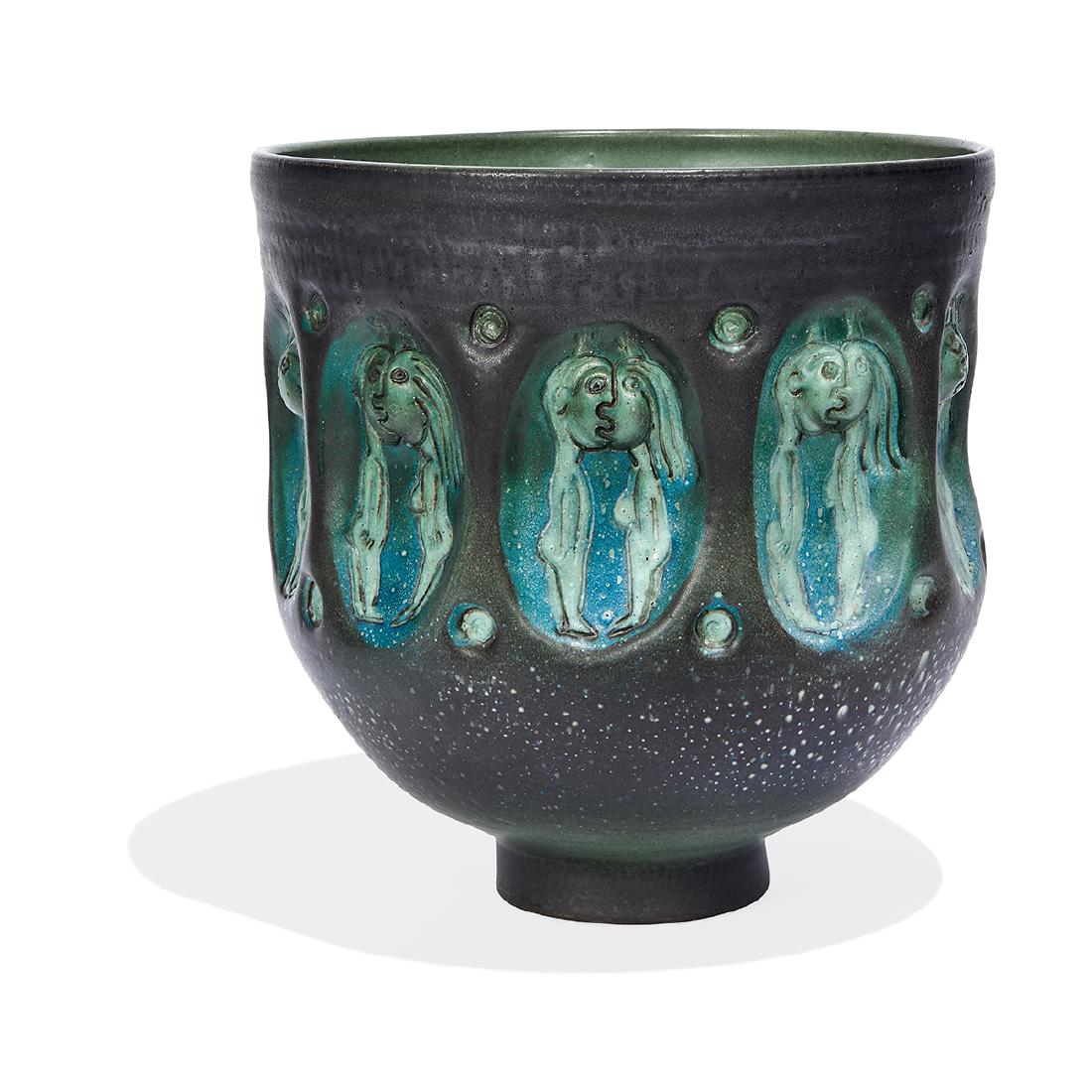 Edwin Scheier and Mary Scheier large vessel: Edwin Scheier (1910-2008) and Mary Scheier (1908-2007) large vessel Green Valley, Arizona glazed earthenware signature mostly obscured by glaze 12 1/4"dia x 12 3/4"h