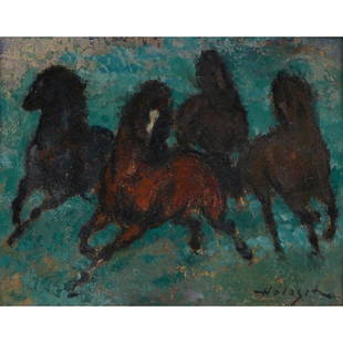 Denes De Holesch, Horses: Denes De Holesch (Hungarian, 1910-1983) Horses oil on artist board signed lower right 8" x 10"