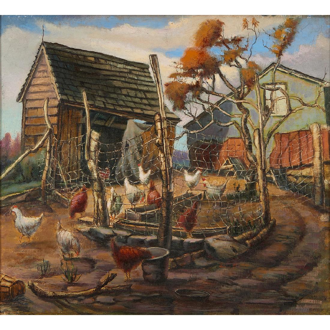 Aaron Bohrod, Farmyard: Aaron Bohrod (American, 1907-1992) Farmyard oil on canvasboard inscribed in pencil "Best Wishes Aaron Bohrod" on the verso 20" x 22"