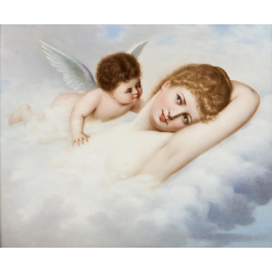K.P.M. (Konigliche Porzellan-Manufaktur) plaque: K.P.M. (Konigliche Porzellan-Manufaktur) plaque, framed Berlin, Germany, 19th century hand-painted porcelain, giltwood impressed marks decorated with a winged putto and a nude maiden on a bed of cloud