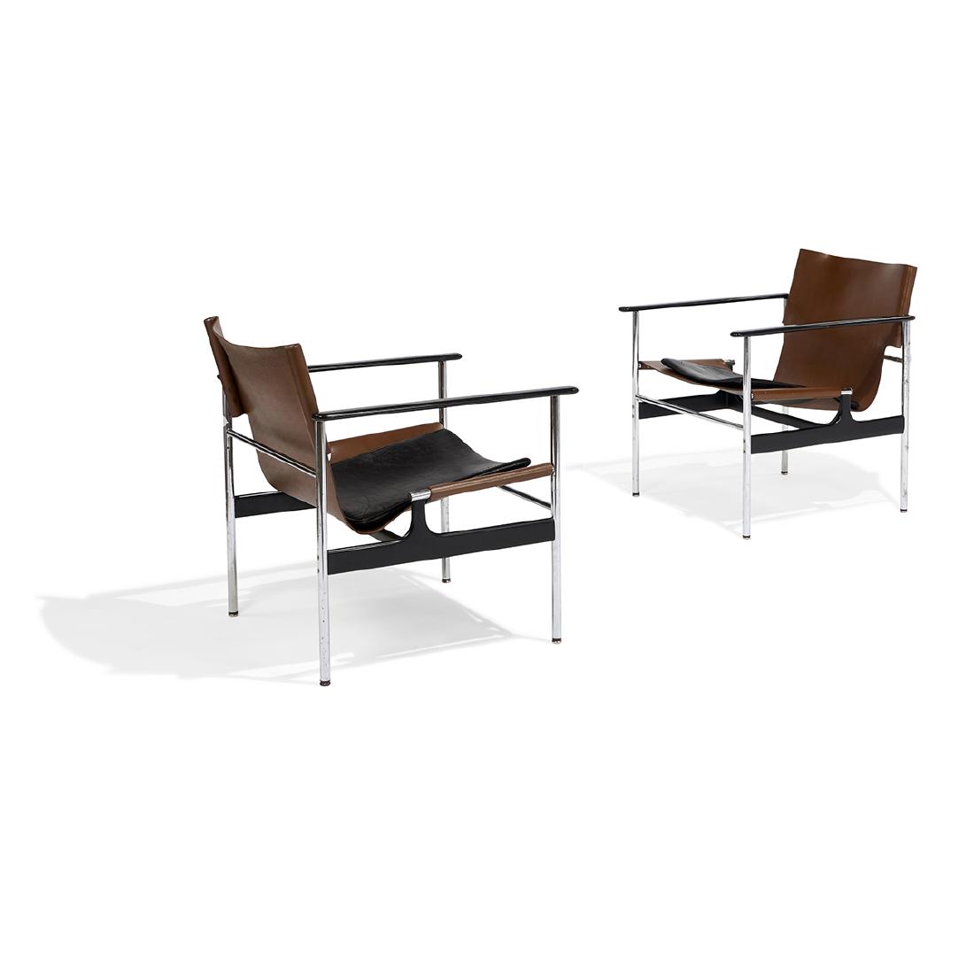 Charles Pollock / Knoll Sling chairs, two, #657: Charles Pollock (1930-2013) for Knoll Associates Sling chairs, two, model 657 New York, New York leather, chrome one signed with partial Knoll label 24 1/2"sq x 28"h