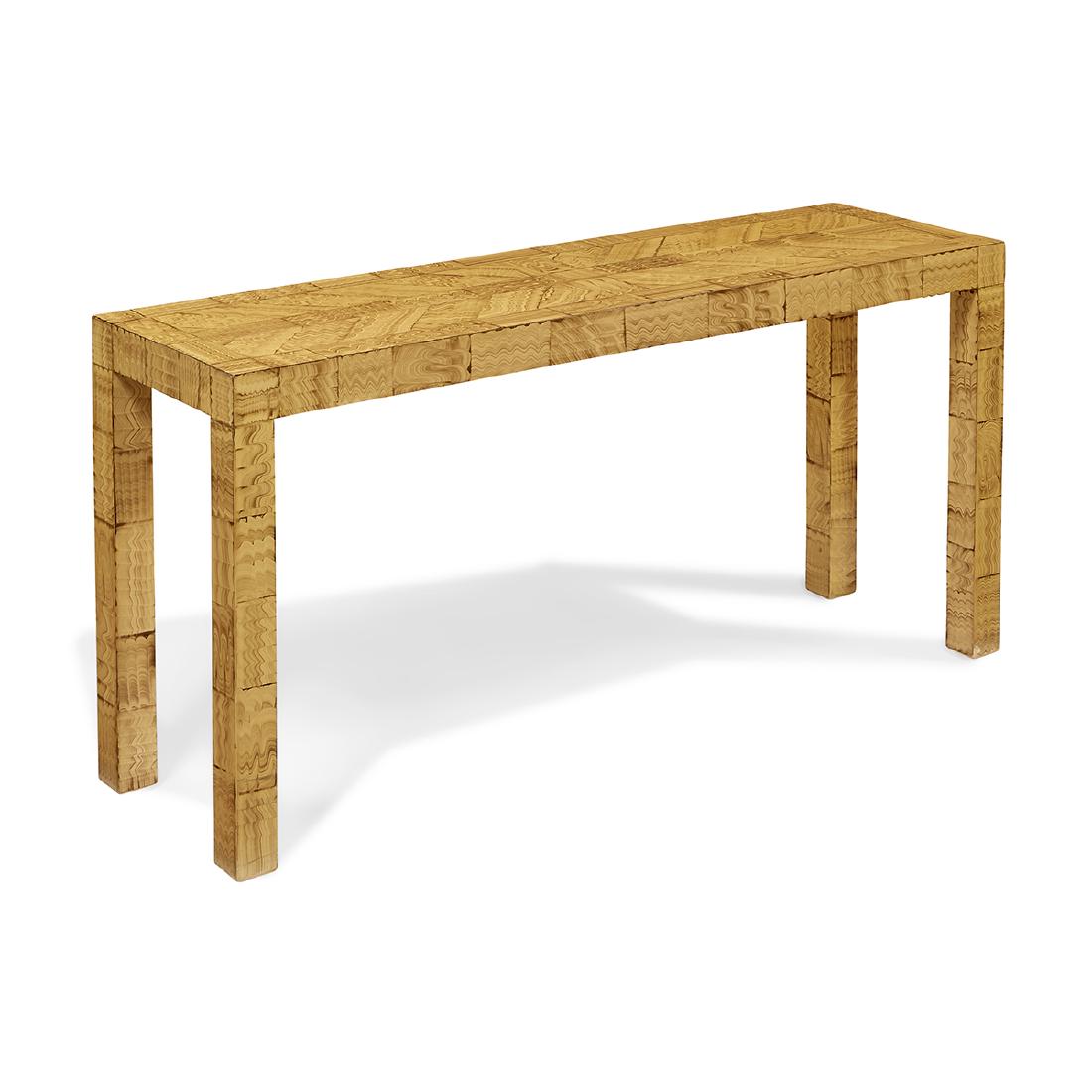 Style of Springer / Phyllis Morris console table: In the Style of Karl Springer or Phyllis Morris console table faux grain lacquered wood stenciled model numbers 56"w x 16"d x 26 3/4"h