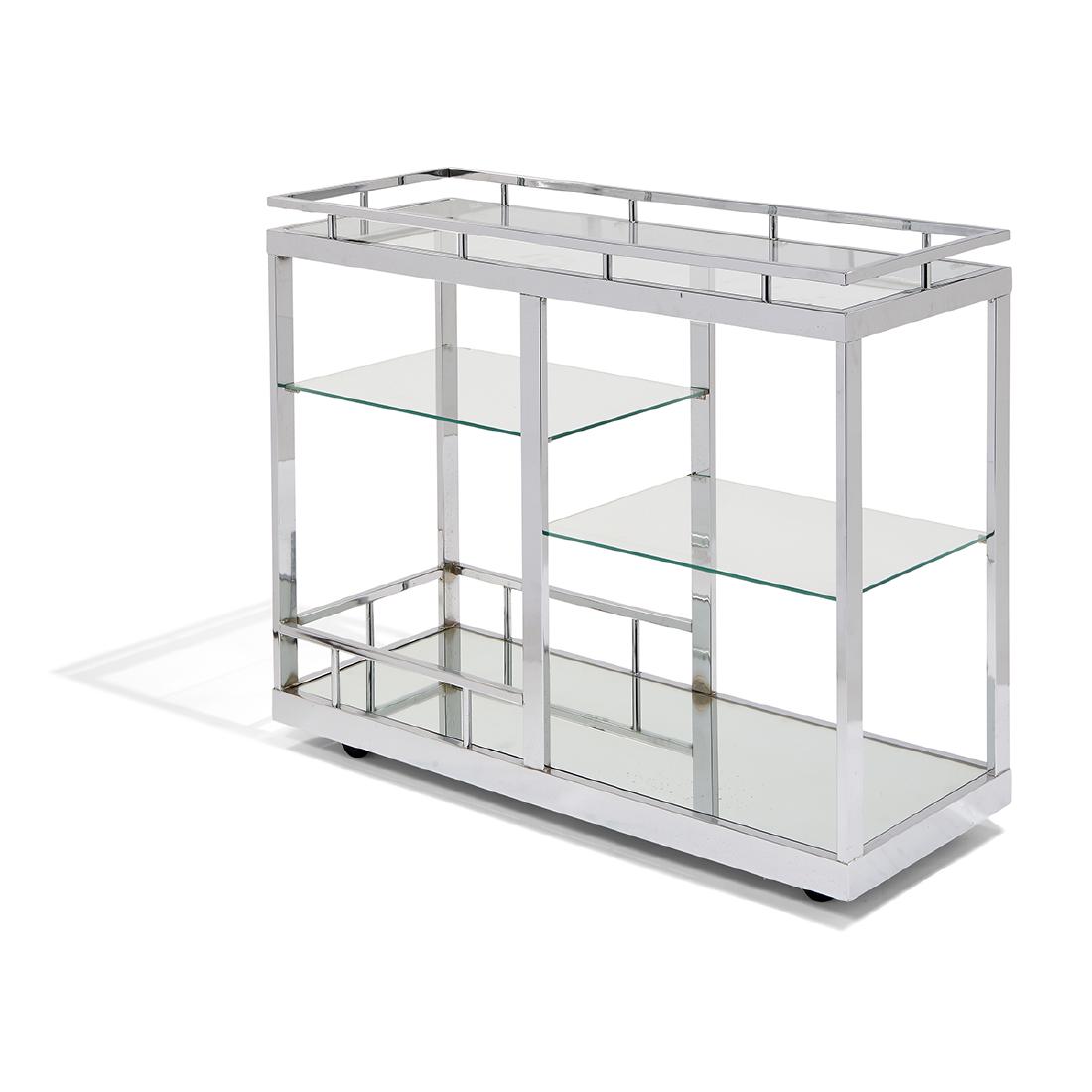 Design Institute of America bar cart: Design Institute of America cocktail / bar cart Montpelier, Ohio chrome, glass Design Institute of America tag 42"w x 16"d x 33 1/2"h