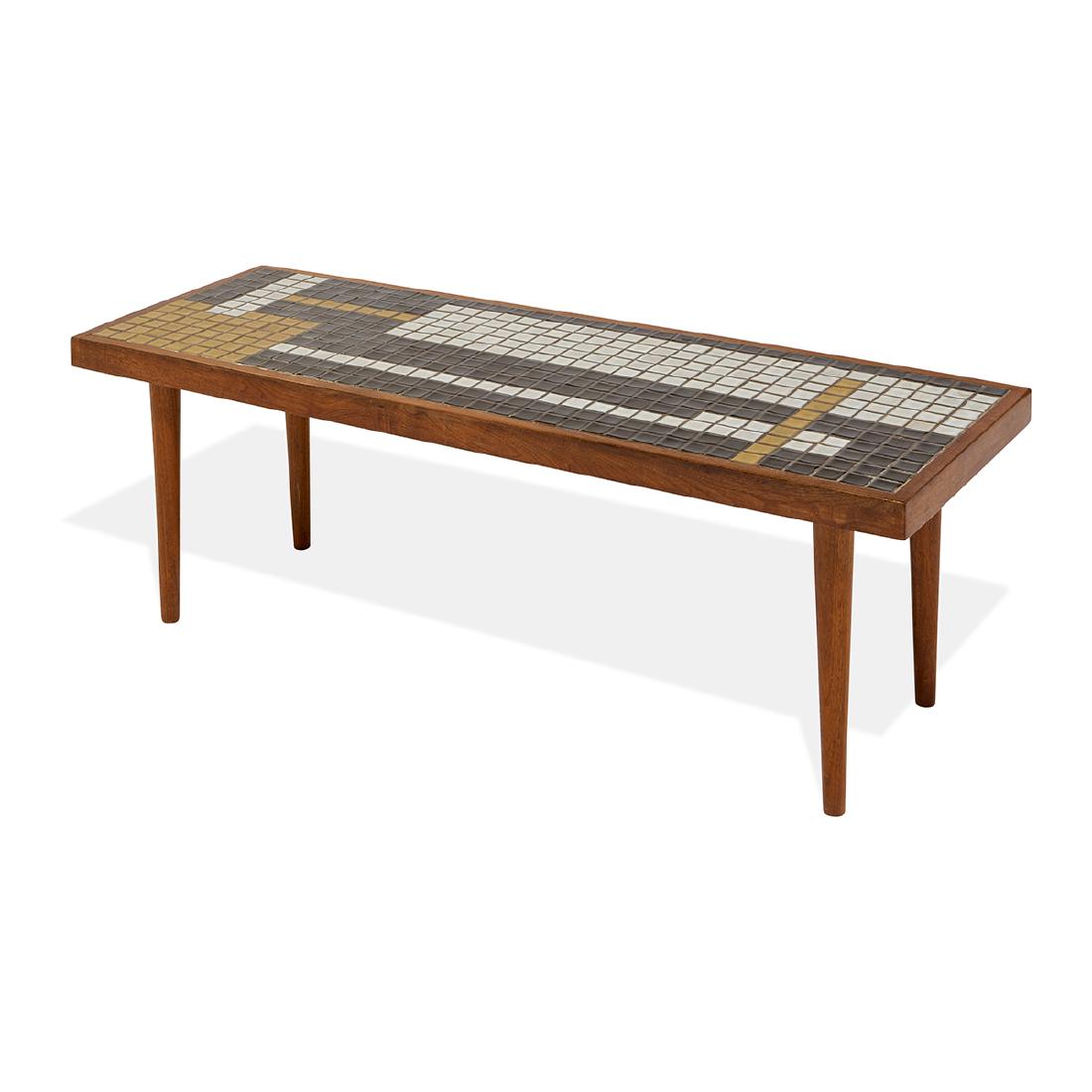 Gordon Martz & Jane Marshall Martz coffee table: Gordon Martz (1924-2015) & Jane Marshall Martz (1929-2007) for Marshall Studios coffee table, #TO3 Veedersburg, Indiana ceramic tile, walnut branded mark 46 1/2"w x 16 1/2"d x 15 3/4"h