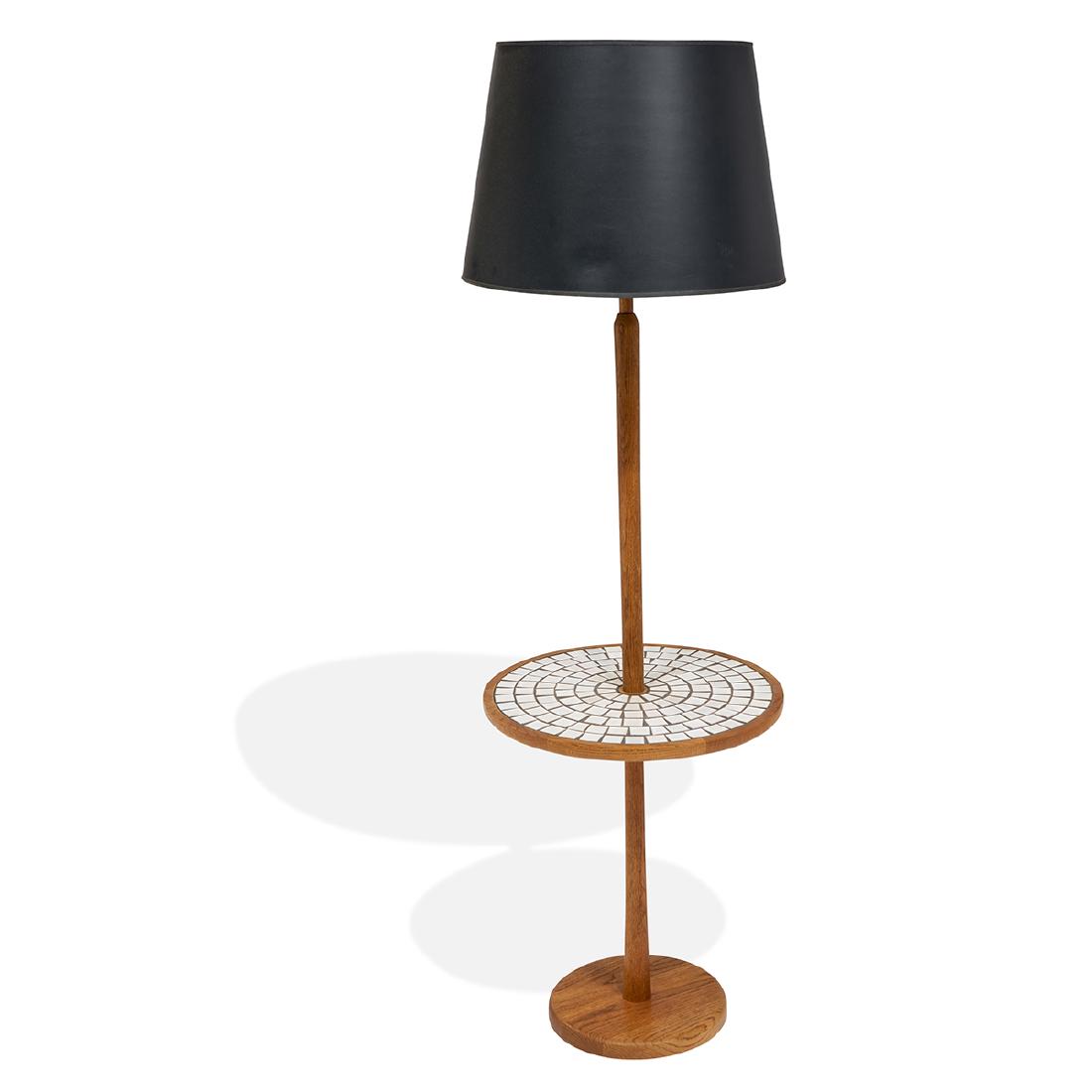 Gordon Martz & Jane Marshall Martz floor lamp: Gordon Martz (1924-2015) & Jane Marshall Martz (1929-2007) for Marshall Studios floor lamp, #W4 Veedersburg, Indiana ceramic tile, oak signed with label shade not included 19"dia x 59"h