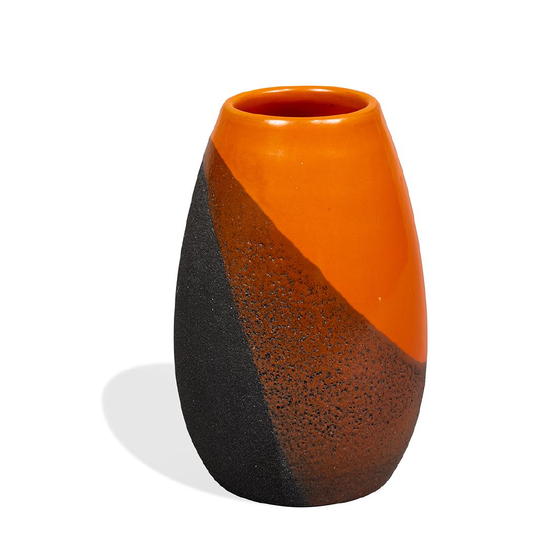 Ettore Sottsass / Bitossi / Raymor Lava vase: Ettore Sottsass (1917-2007) for Bitossi, Distributed by Raymor Lava ovoid vase Italy, 1960s orange high glazed, orange volcanic glazed and black matte glazed ceramic signed unusual color scheme 4"dia