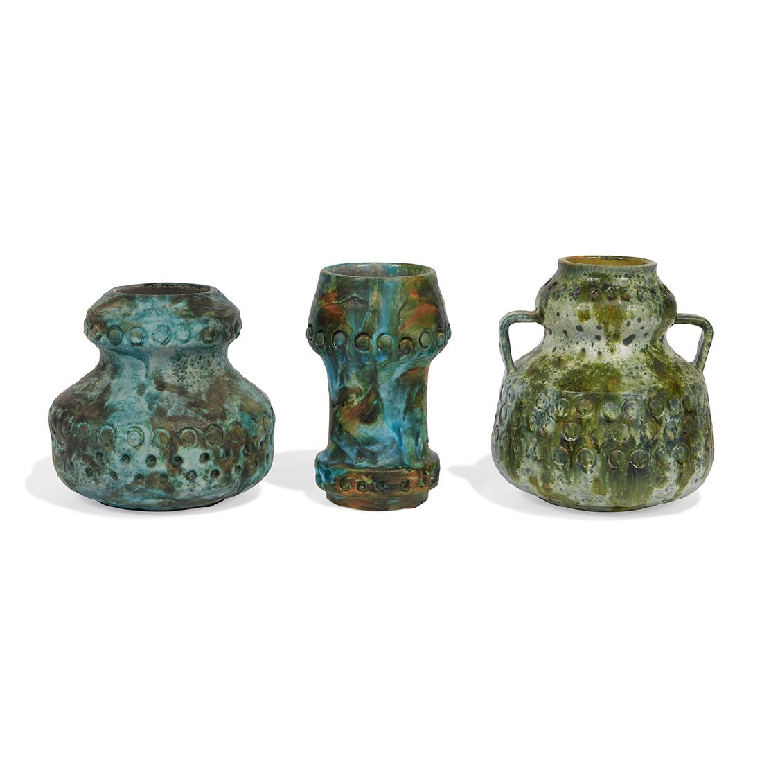 Aldo Bagni / Bitossi / Raymor vases, three: Aldo Bagni (1919-2000) for Bitossi, Distributed by Raymor Sea Garden vases, group of three Italy blue and green glazed ceramic one signed, two with distributor labels, one unsigned tallest: 8"dia x 8"