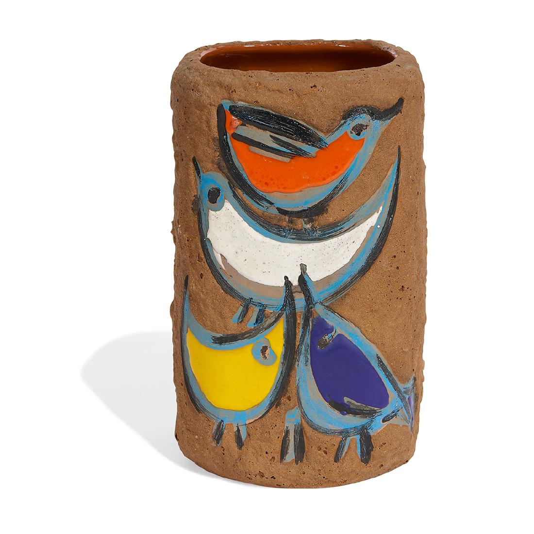 Aldo Londi / Bitossi / Raymor birds vase: Aldo Londi (1911-2003) for Bitossi, Distributed by Raymor Birds vase Italy, 1960s red, white, blue, yellow and black glazed ceramic signed, distributor label 5 1/2"dia x 9 1/2"h