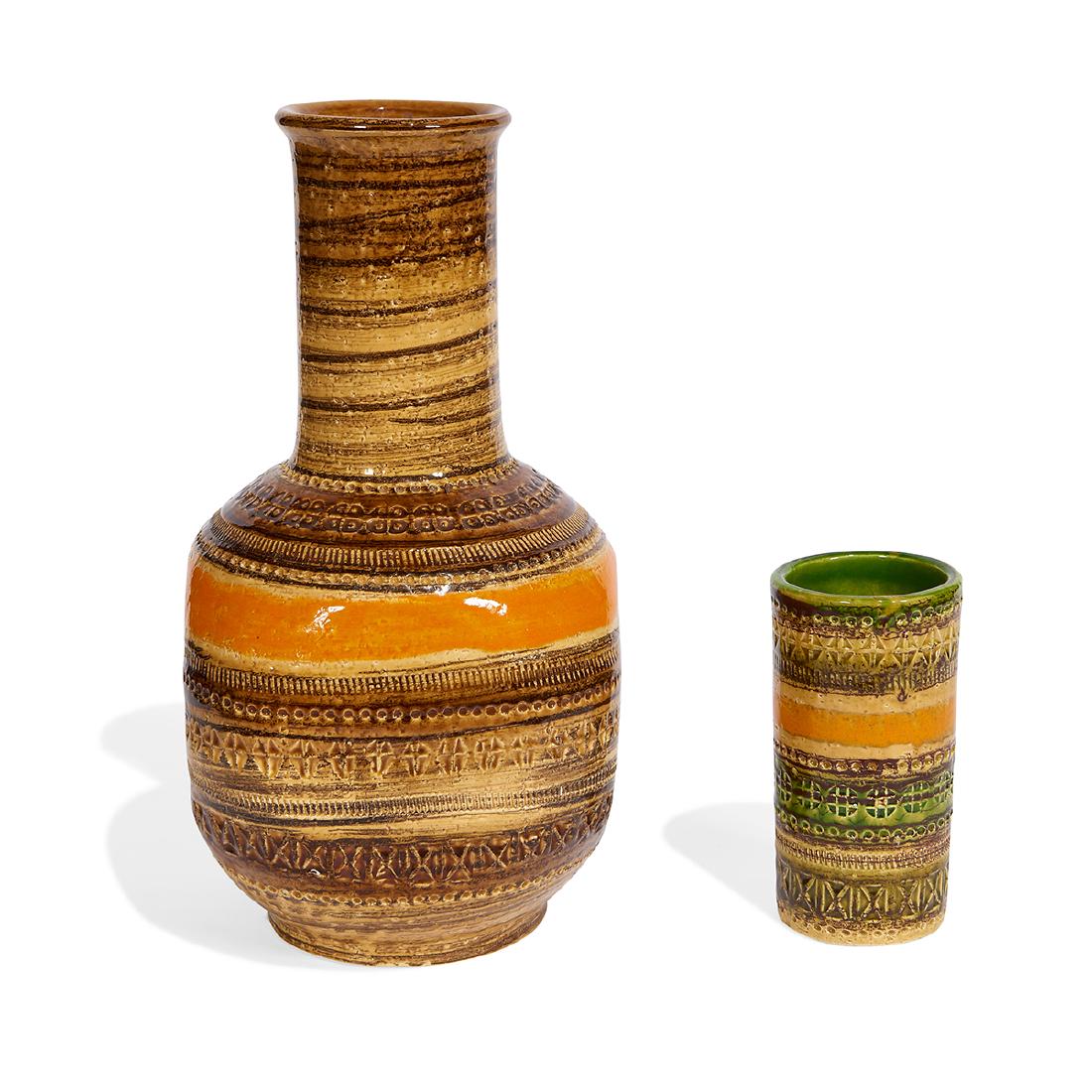 Aldo Londi / Bitossi / Raymor Sahara vases, two: Aldo Londi (1911-2003) for Bitossi, Distributed by Raymor Sahara vases, two Italy, 1960s brown, orange and green glazed ceramic distributor label to one, impressed marks to the other largest: 7"dia x