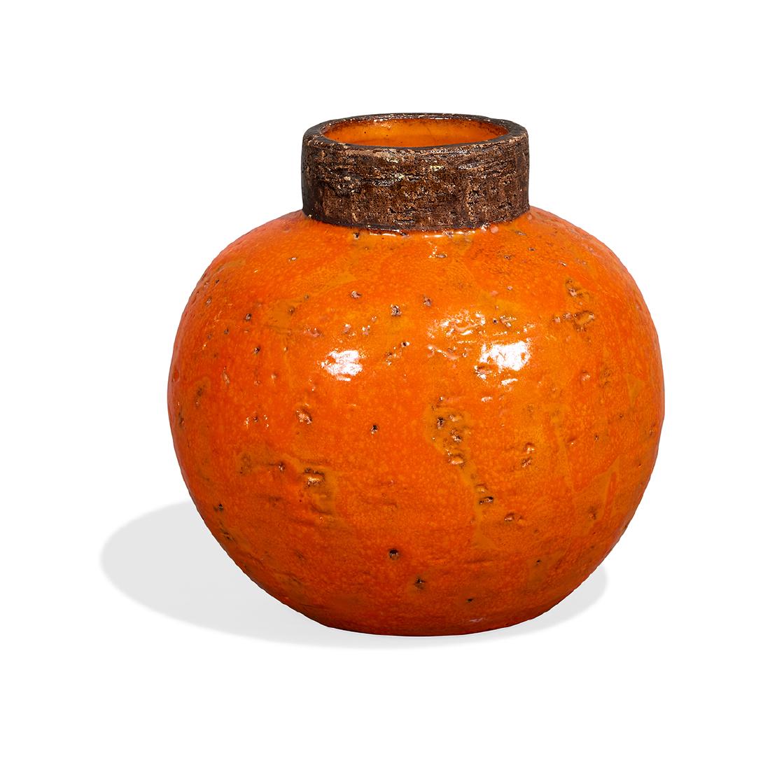 Aldo Londi / Bitossi / Raymor vase: Aldo Londi (1911-2003) for Bitossi, Distributed by Raymor spherical vase with raised lip Italy, 1950s-1960s orange and brown glazed stoneware signed 5 1/2"dia x 5 1/2"h