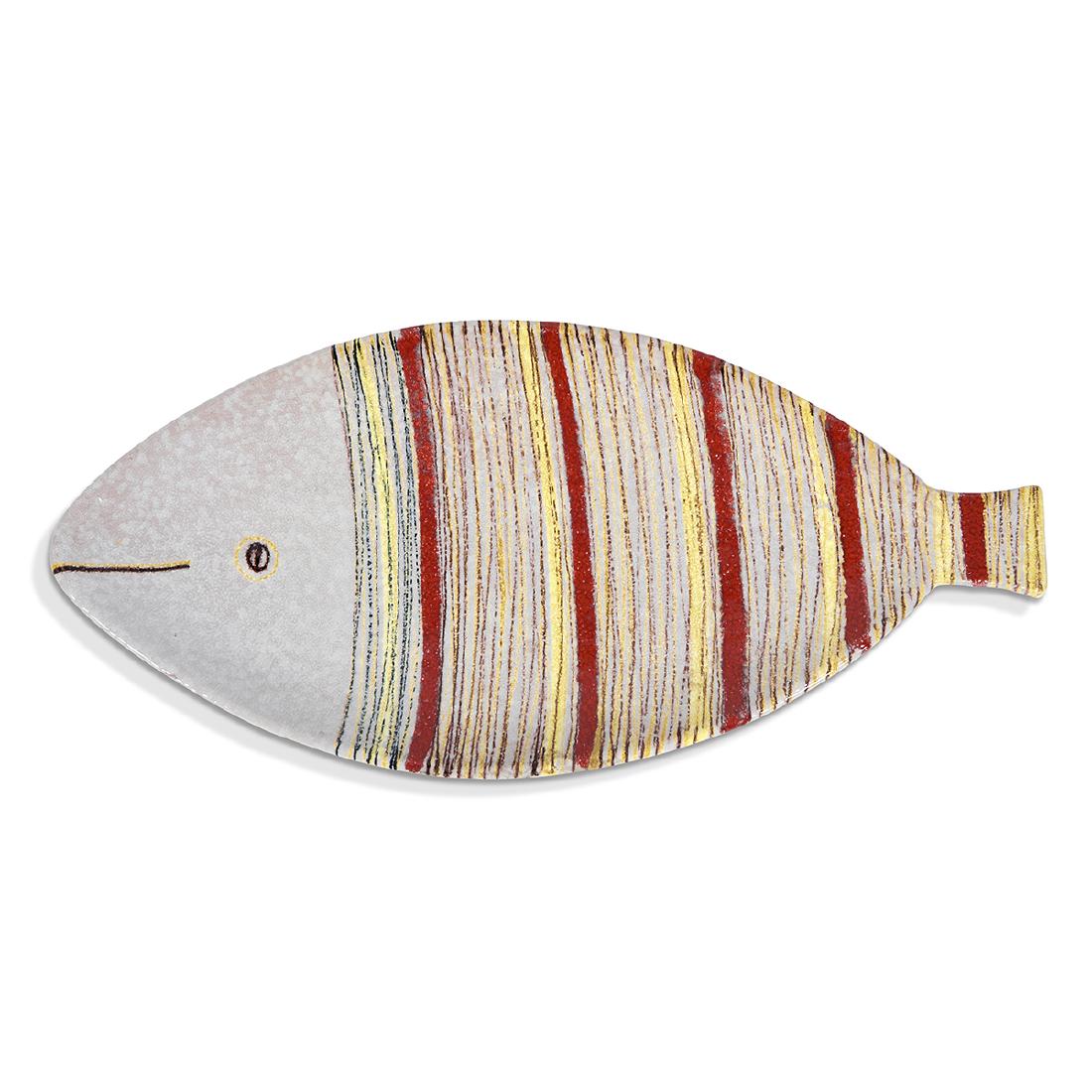 Aldo Londi / Bitossi / Raymor Fish platter: Aldo Londi (1911-2003) for Bitossi, Distributed by Raymor Fish platter Italy white, red, yellow, black and brown glazed ceramic signed, distributor label 20 3/4"w x 9 1/2"d x 1 1/4"h