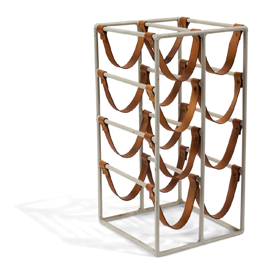Arthur Umanoff for Shaver Howard wine rack: Arthur Umanoff (1923-1985) for Shaver Howard wine rack USA leather, metal, white paint unsigned 9 3/4"w x 10"d x 19"h