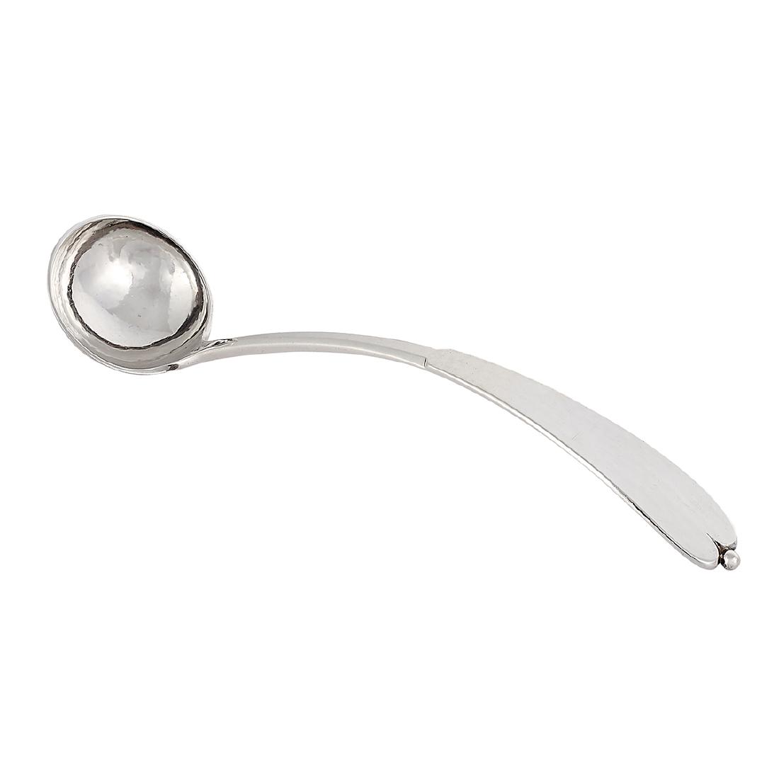 Daniel Pedersen sauce ladle with foliate terminal: Daniel H. Pedersen (1893-1968) sauce ladle with stylized foliate terminal Chicago, Illinois sterling silver stamped marks 1 3/4"w x 7 3/4"l Provenance: The Paul & Terry Somerson Collection of 20th and