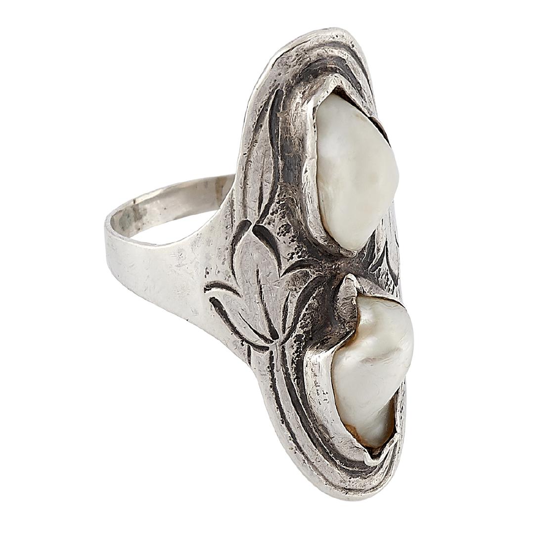 Art Silver Shop ladies ring w/ freshwater pearls: The Art Silver Shop ladies ring Chicago, Illinois sterling silver, freshwater pearls stamped marks chased foliate decoration with two inset stones size: 6 1/2; face: 1 1/4"w x 7/16"h Provenance: The P