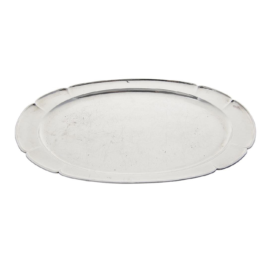 Kalo Shop sterling large oval platter / tray: The Kalo Shop large oval platter / tray, #F798 Chicago, Illinois sterling silver stamped marks 18 5/8"w x 11 1/2"d x 7/8"h Provenance: The Paul & Terry Somerson Collection of 20th and 21st Century Met
