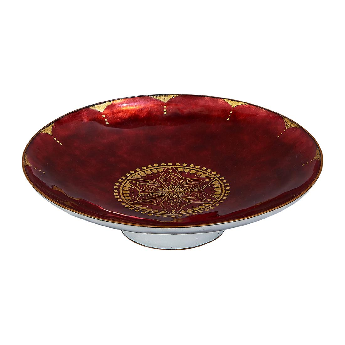 Mildred Watkins enameled copper bowl: Mildred Watkins (1883-1968) footed round dish or bowl Cleveland, Ohio copper, red and white enamel, gilt stamped marks 7 1/8"dia x 1 7/8"h Provenance: The Paul & Terry Somerson Collection of 20th and 