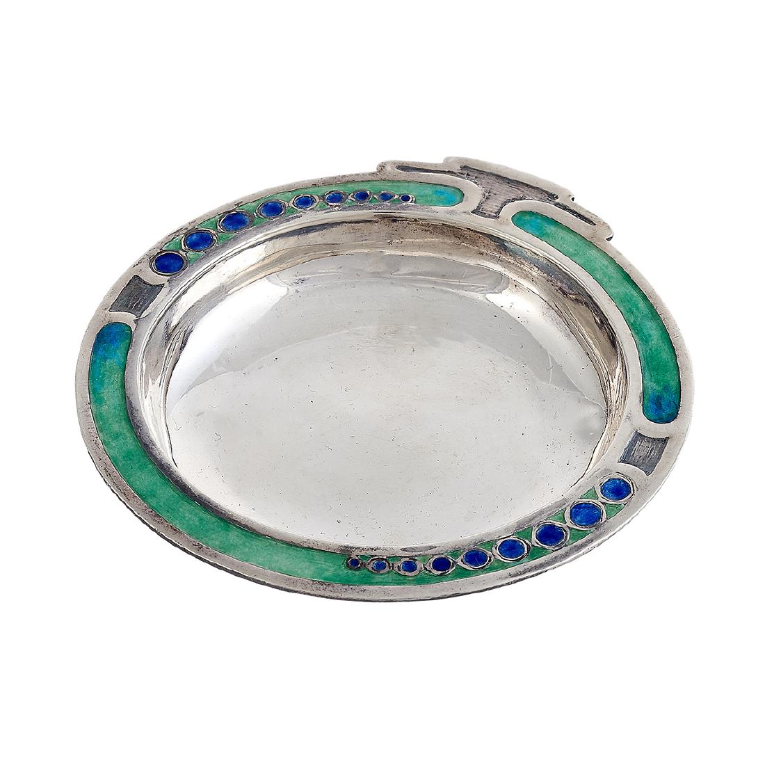 Jane Carson Barron round enameled sterling dish: Jane Carson Barron (1879-1942) round dish Cleveland, Ohio sterling silver, green and blue enamel stamped marks presentation inscription reads: To / Adele C. Chisholm / from / J.C.B. / Craftsman 4"w x 