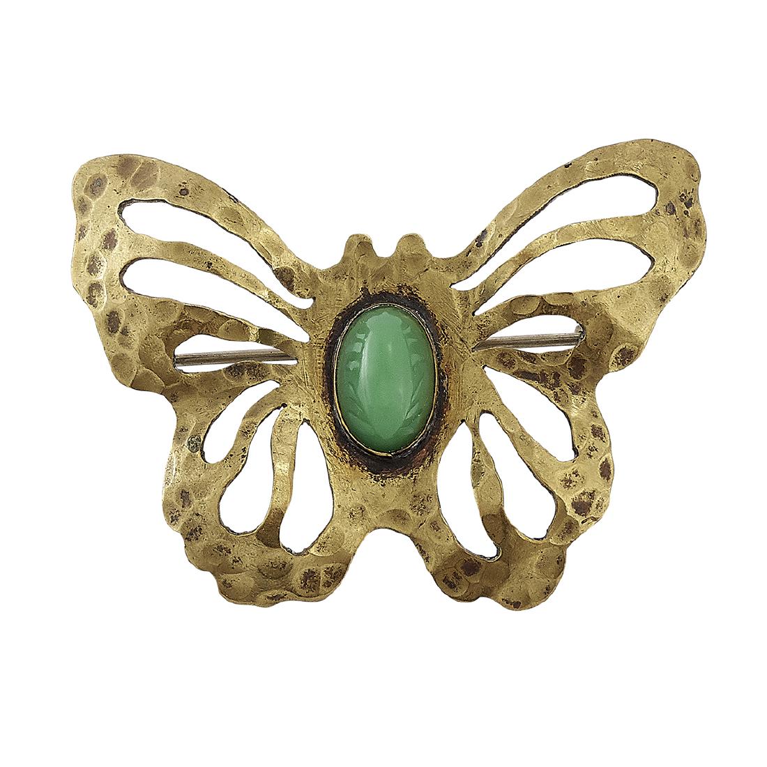 Frost Arts & Crafts Workshop Butterfly brooch: George Frost / The Frost Arts & Crafts Workshop Butterfly brooch with pierced wings Dayton, Ohio brass, green glass stamped marks 2 5/8"w x 1 7/8"h Provenance: The Paul & Terry Somerson Collection of 