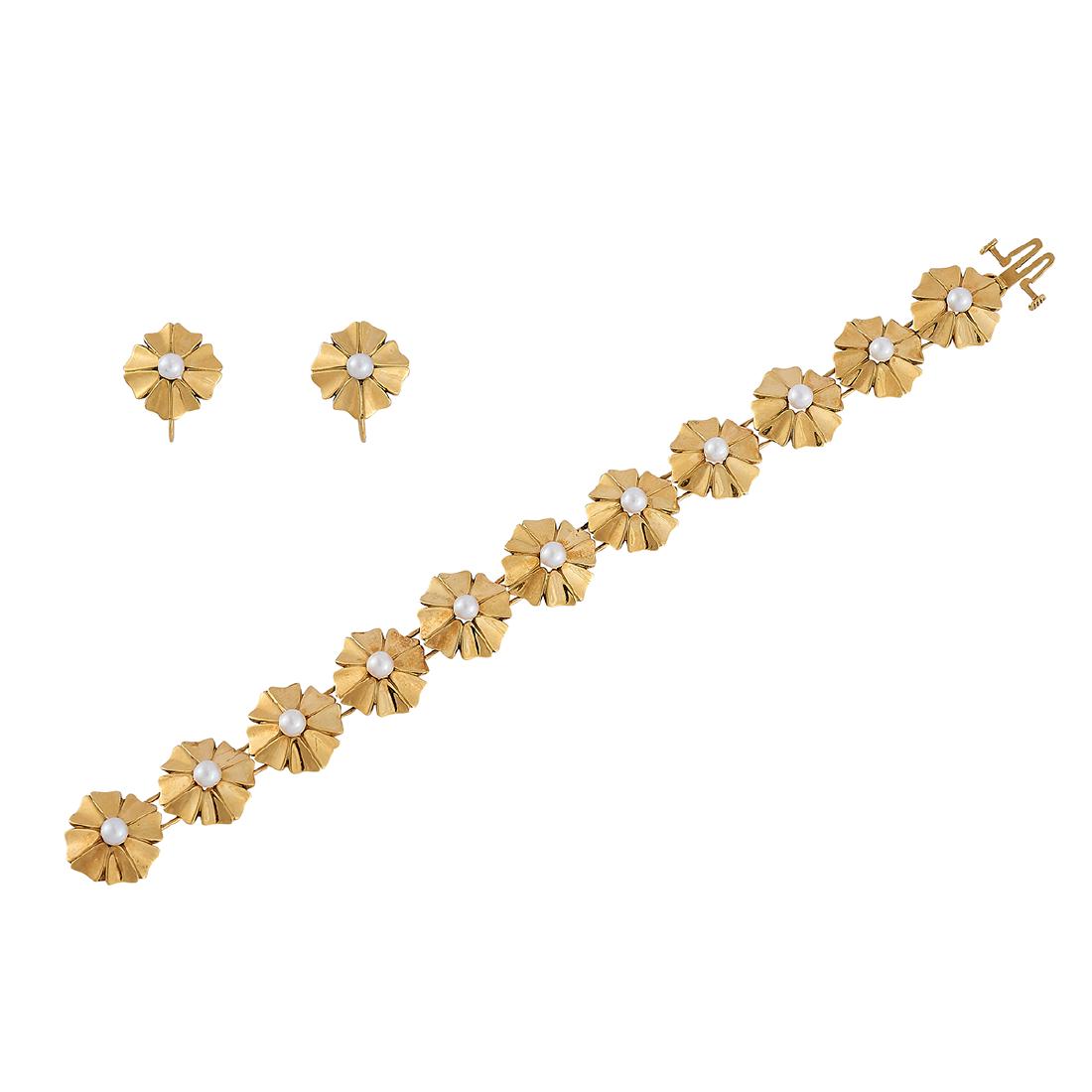 Potter & Mellen, Inc. 14K bracelet & earrings set: Potter & Mellen, Inc. ladies demi-parure: bracelet and screwback earrings Cleveland, Ohio, post 1933 14K yellow gold, pearls stamped marks 28 dwts, floral motif centered by inset stones bracelet: 5/8"