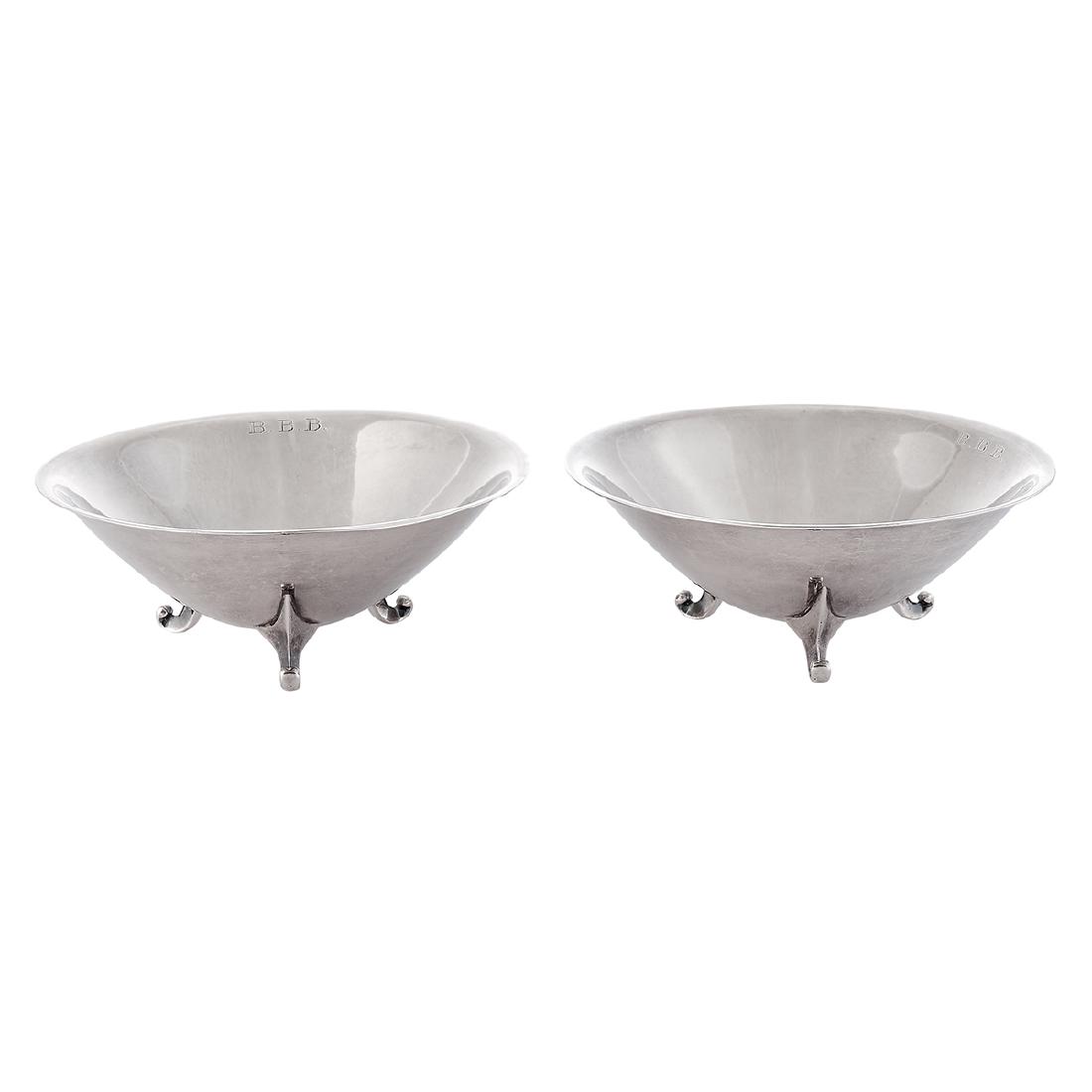 George C. Gebelein footed round bowls, pair: George C. Gebelein (1878-1945) footed round bowls, pair Boston, Massachusetts sterling silver stamped marks engraved B.B.B. 5 1/2"dia x 2"h Provenance: The Paul & Terry Somerson Collection of 20th and