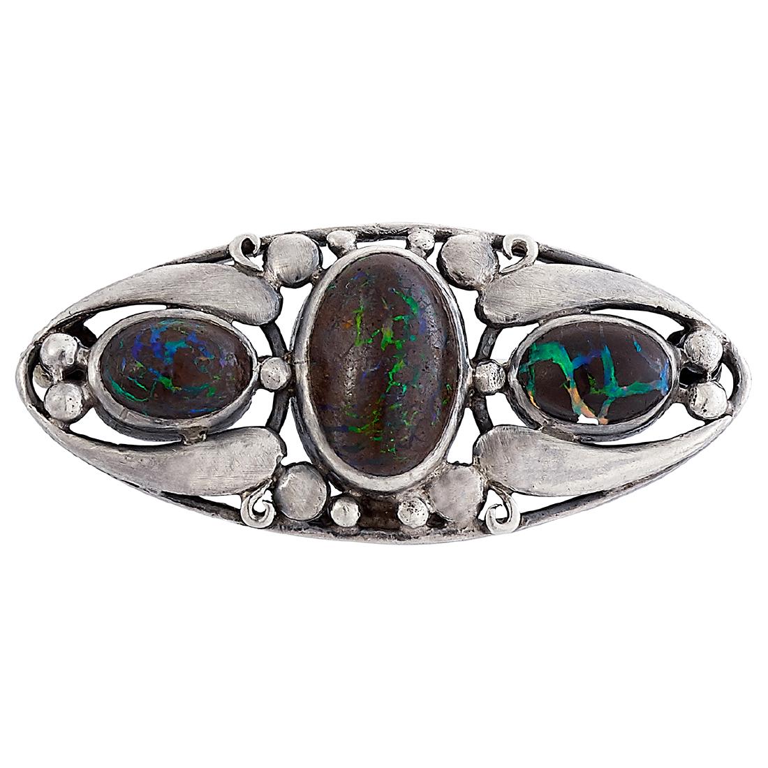 Frank Gardner Hale pin / brooch w/ boulder opals: Frank Gardner Hale (1876-1945) pin / brooch with three inset cabochon stones Boston, Massachusetts silver, boulder opals stamped marks 1 5/16"w x 9/16"h Provenance: The Paul & Terry Somerson Collectio
