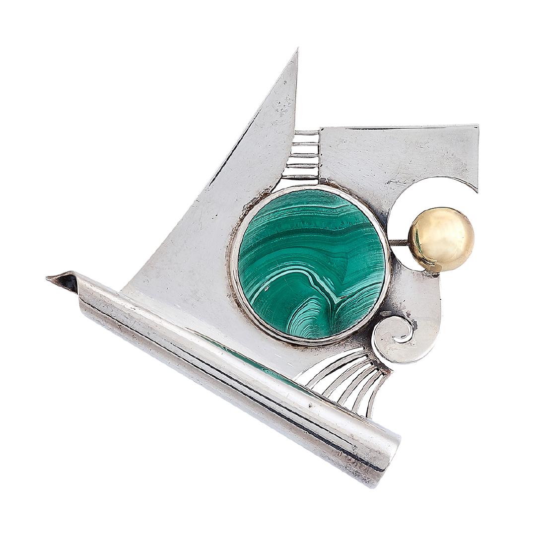 Madeleine Turner Modernist brooch with malachite: Madeleine Turner (b. 1905) Modernist brooch New York, New York sterling silver parcel gilt, malachite stamped marks 2"w x 1 7/8"h Provenance: The Paul & Terry Somerson Collection of 20th and 21st Cent
