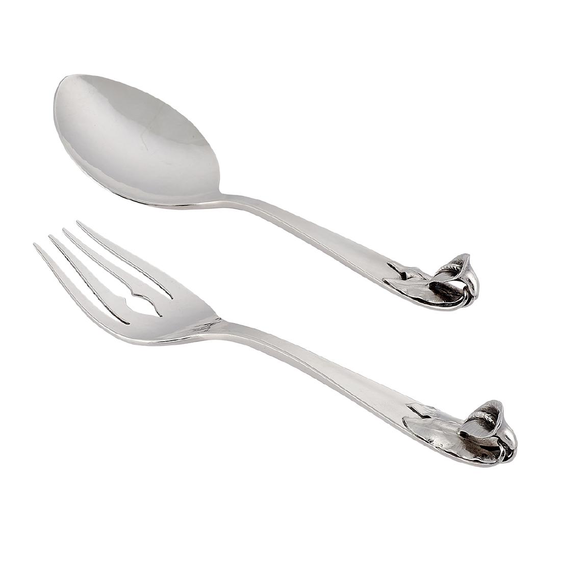 Peer Smed Calla Lily salad serving fork and spoon: Peer Smed (1878-1943) Calla Lily salad serving set: fork and spoon Brooklyn, New York sterling silver stamped marks applied blossom decoration 2 1/2"w x 8 3/8"l Provenance: The Paul & Terry Somerson C
