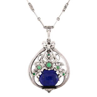 F. Walter Lawrence Flower Urn pendant necklace: F. (Frank) Walter Lawrence (1864-1929) Flower Urn pendant necklace New York, New York sterling silver, lapis lazuli, black onyx, green jade stamped mark pendant: 1 5/8"w x 2 1/2"h; necklace: 15 1/8"l