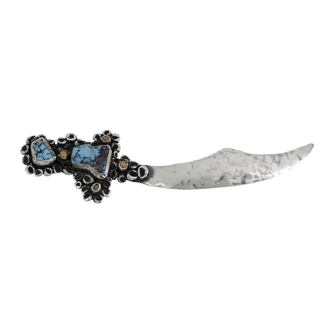Mary Gage sterling Scimitar jeweled sword brooch: Mary Gage (1898-1993) Scimitar jeweled sword brooch New York, New York sterling silver, turquoise, coral stamped marks 5 1/4"w x 1 5/16"h Provenance: The Paul & Terry Somerson Collection of 20th and 2