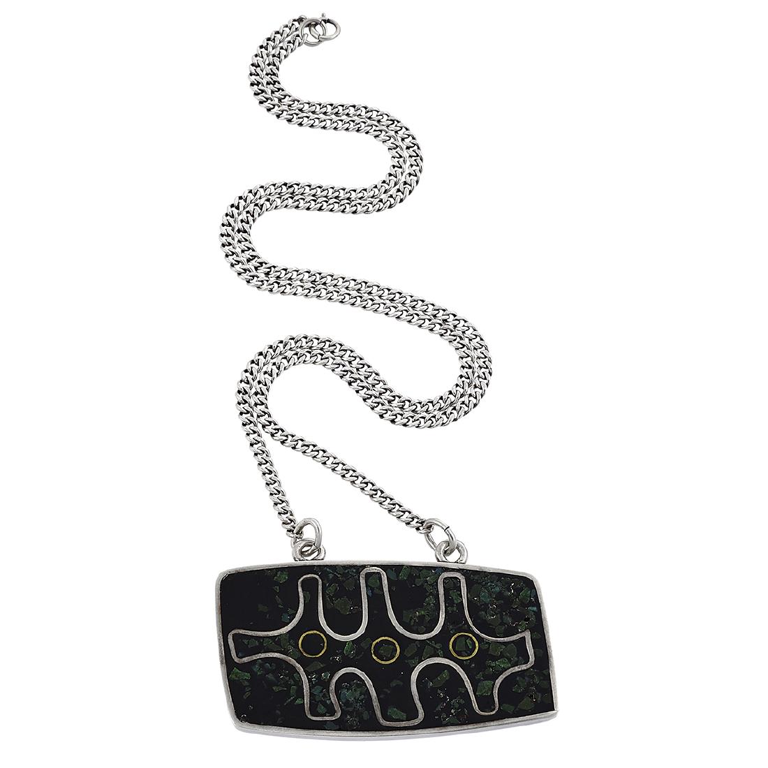 Frances Holmes Boothby enameled pendant necklace: Frances Holmes Boothby (c. 1930-2000) pendant necklace Weston, Vermont sterling silver, enamel stamped marks pendant: 2 3/16"w x 1 1/4"h; chain: 20"l Provenance: The Paul & Terry Somerson Collection o