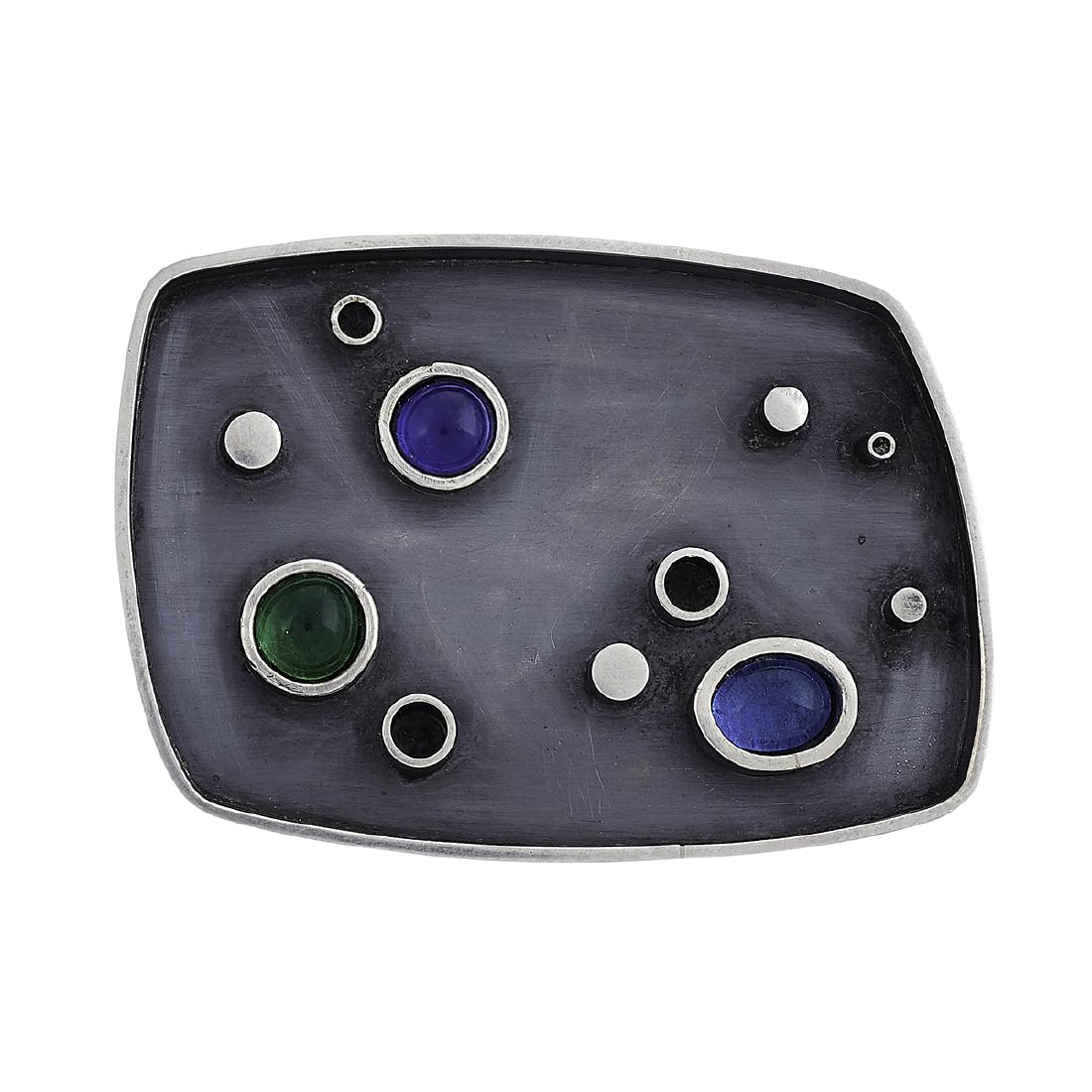 Frances Holmes Boothby Modernist brooch w/ glass: Frances Holmes Boothby (c. 1930-2000) Modernist rectangular brooch Weston, Vermont oxidized sterling silver, cobalt glass, emerald glass, light blue glass stamped marks 1 15/16"w x 1 5/16"h Provenance