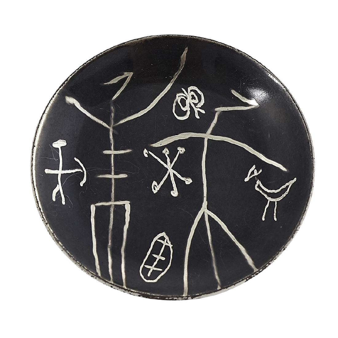 Ed Levin brooch with abstract figural decoration: Ed Levin (1921-2008) round brooch with abstract figural decoration Bennington, Vermont oxidized sterling silver stamped marks with an original Ed Levin box brooch: 1 5/8"dia Provenance: The Paul & Ter