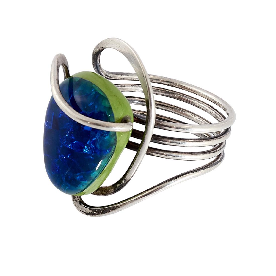 Elsa Freund sterling Modernist ladies ring: Elsa Freund (1912-2001) Modernist ladies ring Eureka Springs, Arkansas and Deland, Florida silver, blue glass, green glazed earthenware impressed mark size: 8 1/4; face: 1"w x 5/8"h Provenance: The Pa