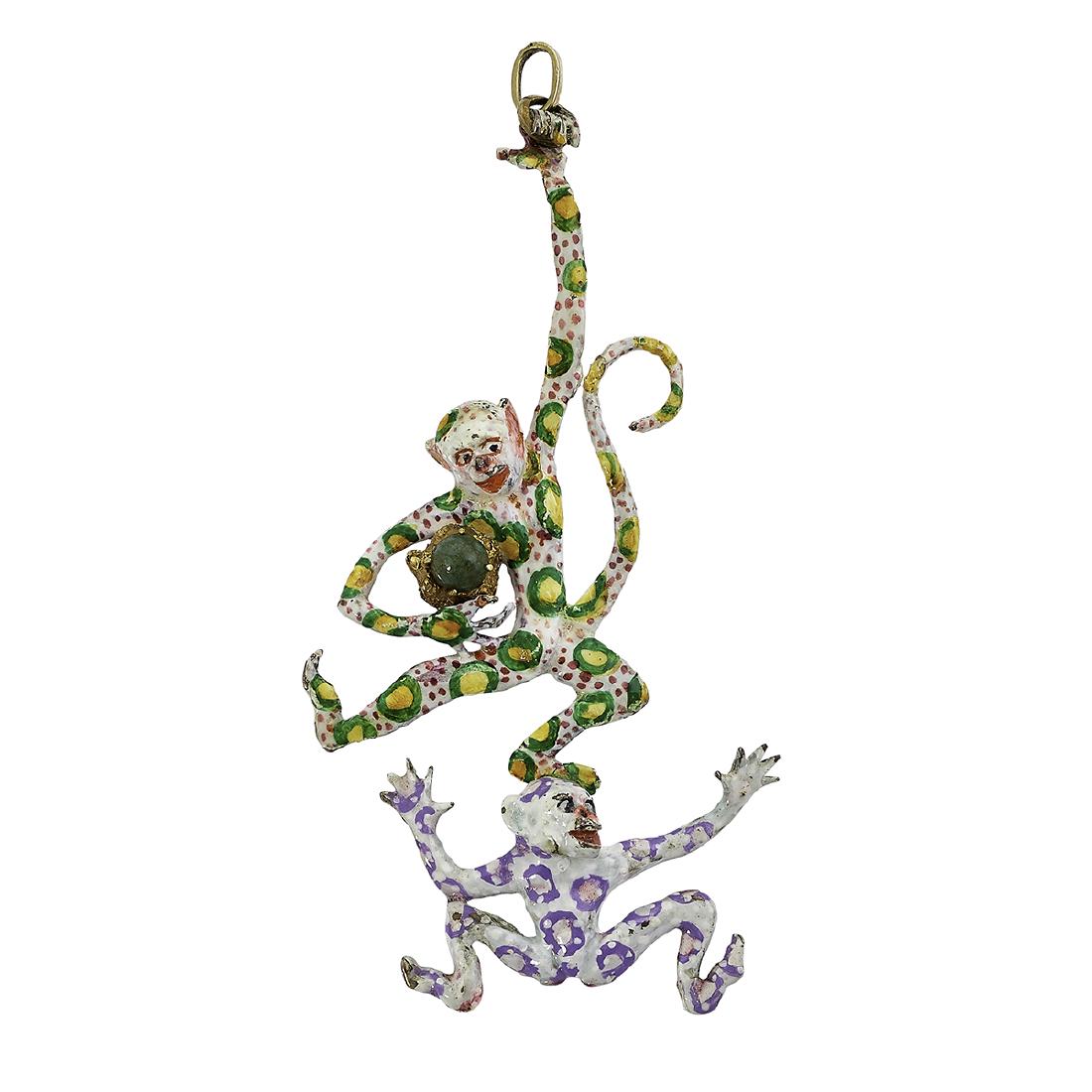 Eric de Kolb pendant with two enameled monkeys: Eric de Kolb (1916-2001) pendant with two colorful monkeys New York, New York sterling silver gilt, polychrome enamel, amazonite stamped marks 2 1/4"w x 4 3/8"h Provenance: The Paul & Terry Somerson C