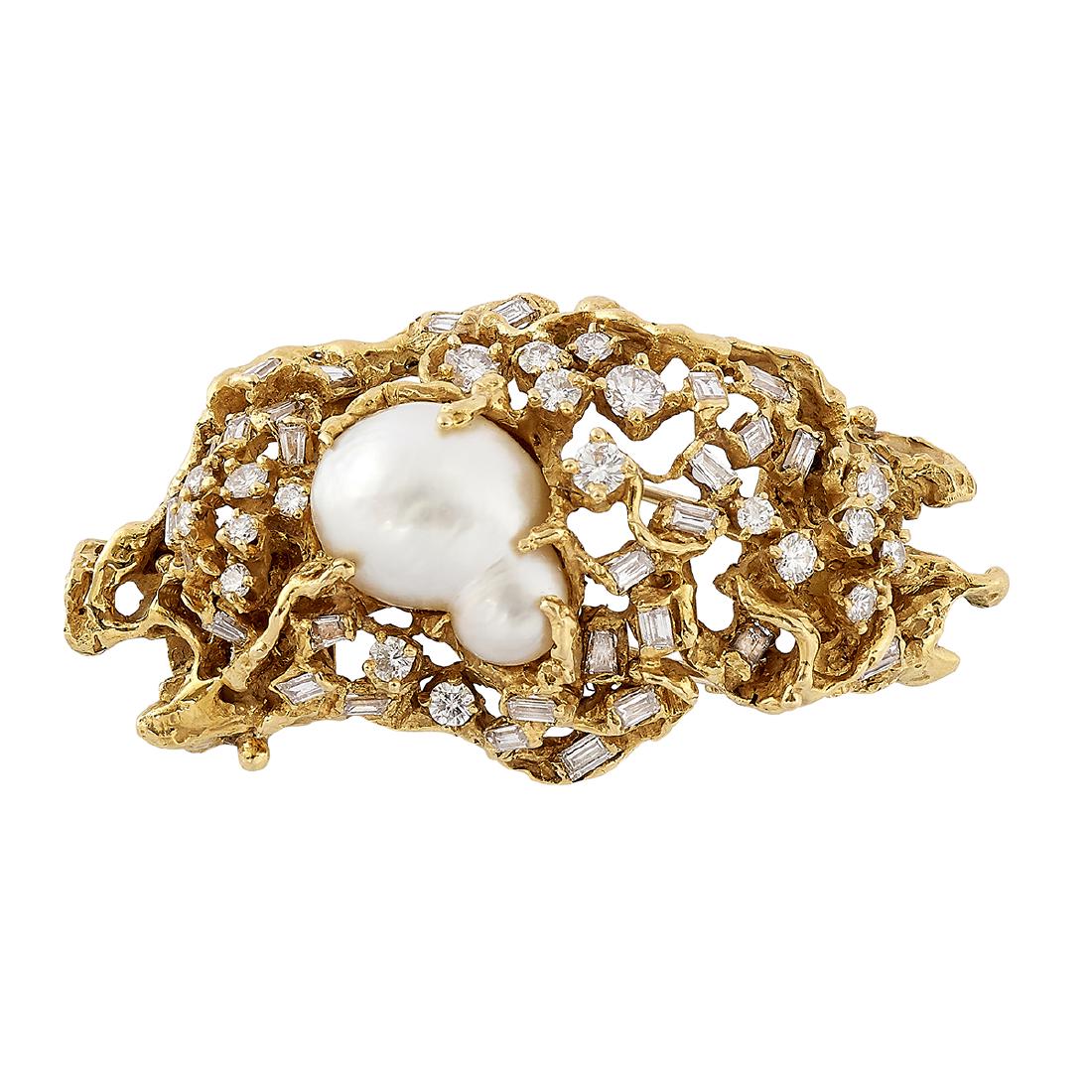 Arthur King 18K gold, diamond and pearl brooch: Arthur King (1921-1986) brooch New York, New York 18K yellow gold, baroque pearl, diamonds stamped marks 18.4 dwts 2 1/16"w x 1 1/16"h Provenance: The Paul & Terry Somerson Collection of 20th and 21st