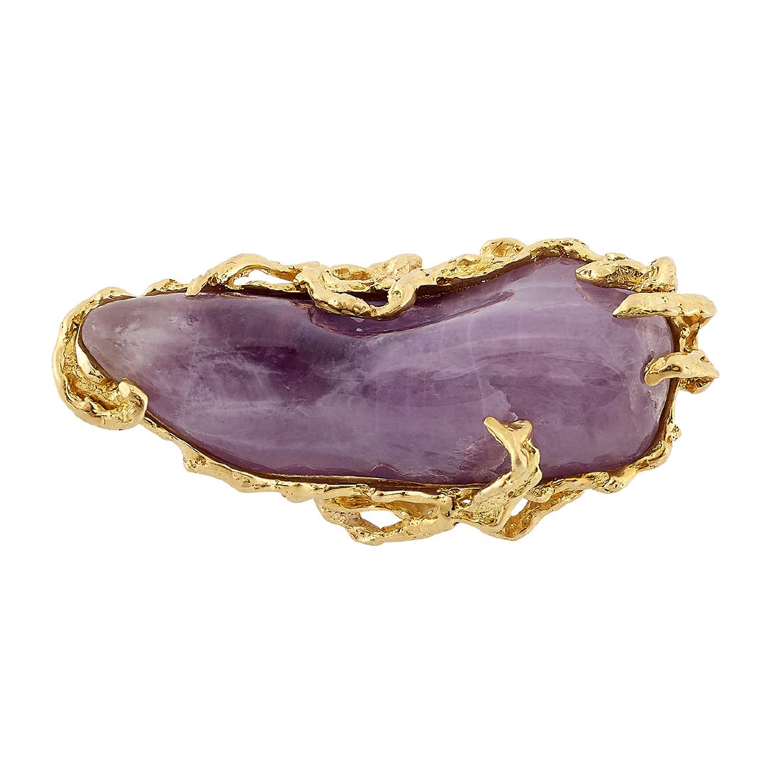 Arthur King 18K gold and amethyst brooch: Arthur King (1921-1986) brooch New York, New York 18K yellow gold, amethyst stamped marks 15.3 dwts 1 15/16"w x 13/16"h Provenance: The Paul & Terry Somerson Collection of 20th and 21st Century Metalw