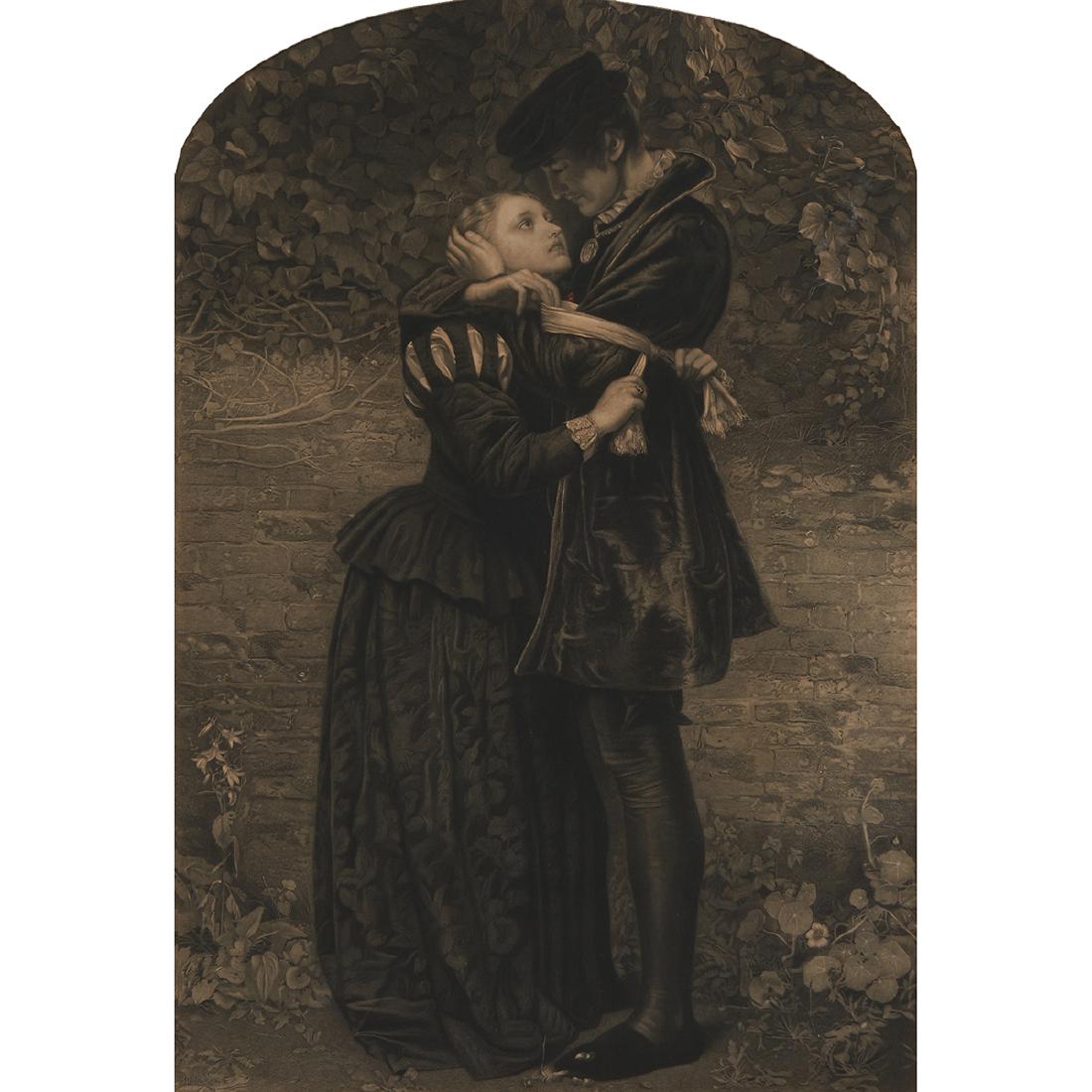 Thomas O. Barlow, Victorian Lovers, engraving: Thomas O. Barlow (English, 1824-1889) Victorian Lovers engraving after A Huguenot, on St. Bartholomew's Day, Refusing to Shield Himself from Danger by Wearing the Roman Catholic Badge, John Millais, 1