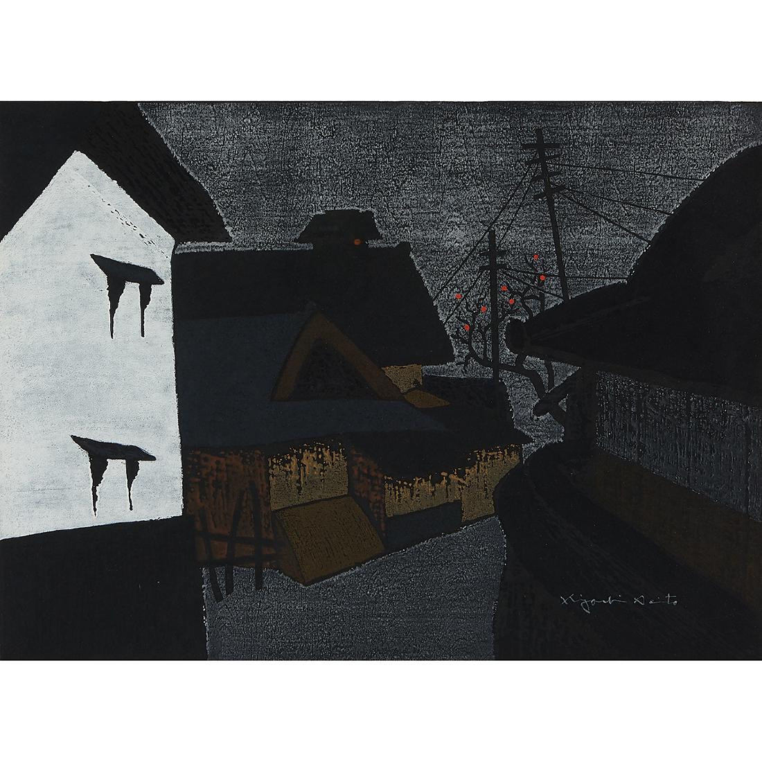 Kiyoshi Saito, Ancient City, Kyoto, 1970: Kiyoshi Saito (Japanese, 1907-1997) Ancient City, Kyoto, 1970 color woodcut signed lower right edition of 80 15 1/4" x 20 1/2"