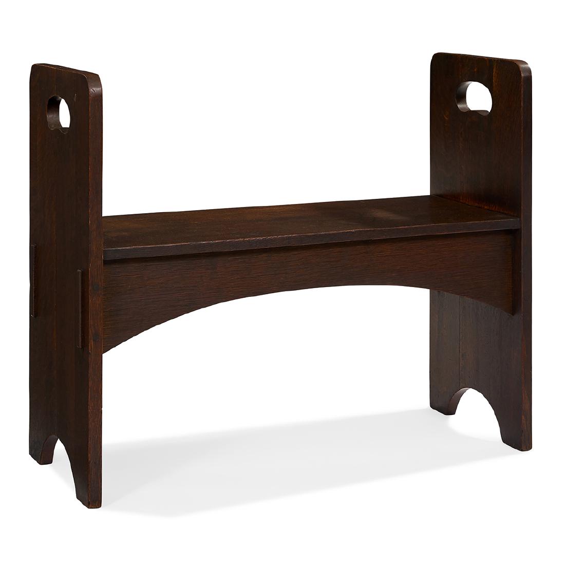 Gustav Stickley bench, rare uncataloged form: Gustav Stickley (1858-1942) bench Eastwood, New York, circa 1904 oak marked with large red decal Harvey Ellis influenced design, rare uncataloged form 36 1/2"w x 14 7/8"d x 30"h Catalog Note: This is