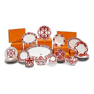 Hermès Balcon du Guadalquivir dinner service: Hermès Balcon du Guadalquivir dinner service for six, with original boxes Paris, France hand-painted porcelain each marked 42 items: (6) chargers, (6) dinner plates, (5) bread plates, (6) luncheon pl