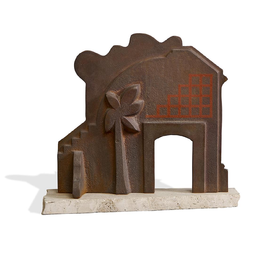 American sculpture 19"w x 6"d x 17"h: American sculpture USA steel, travertine unsigned 19"w x 6"d x 17"h